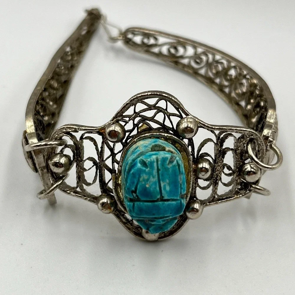 Vintage Egyptian Revival Scarab Beetle Beads Necklace & Filigree‎ Bracelet Set